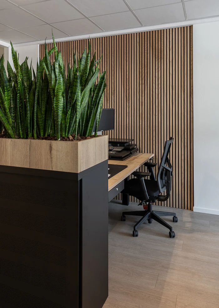 Akoestische plantenbak Junna in houten interieur